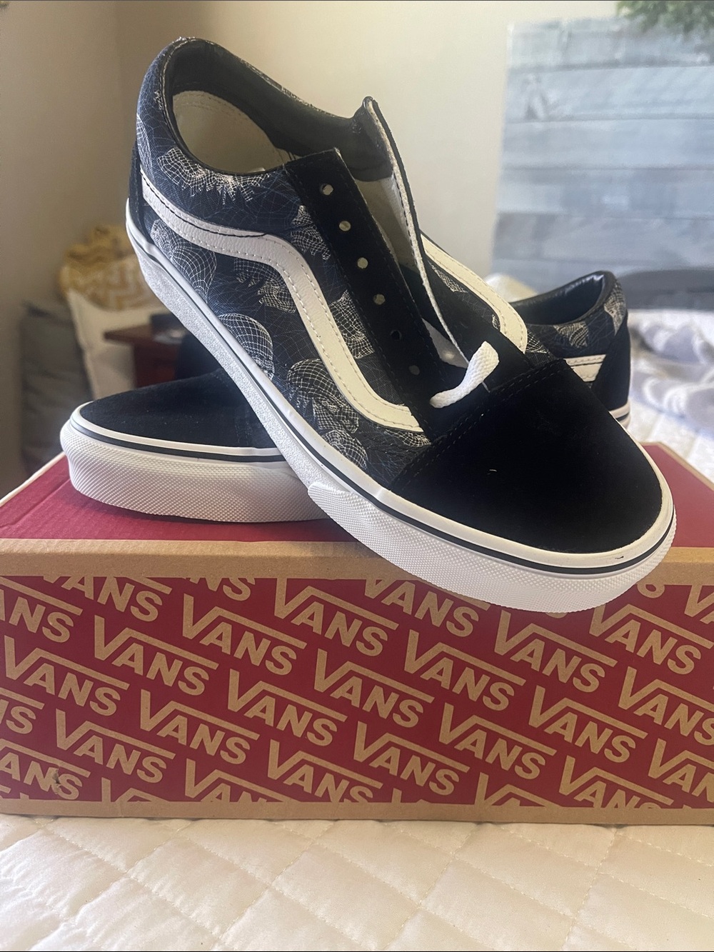 Vans Black and White Old Skool with Wireframe Skulls
